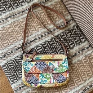 Fossil Spring Multicolor Patchwork Floral Crossbody with Brown Leather Strap
